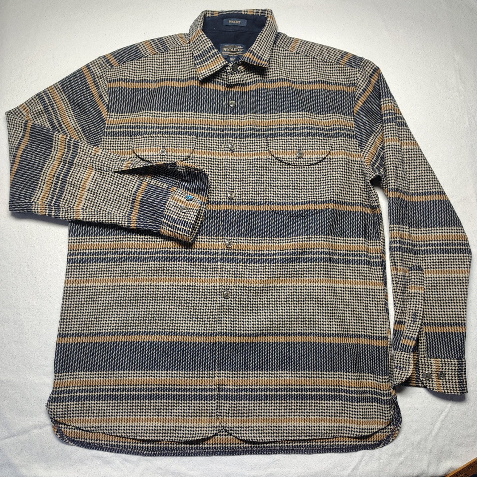 Pendleton Buckley Shirt Xl Blue Tan Wool Houndstooth Plaid Flannel Button Up Men